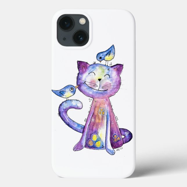 Cute Whimsical Purple Cat with Birds Case-Mate iPhone Case (Back)
