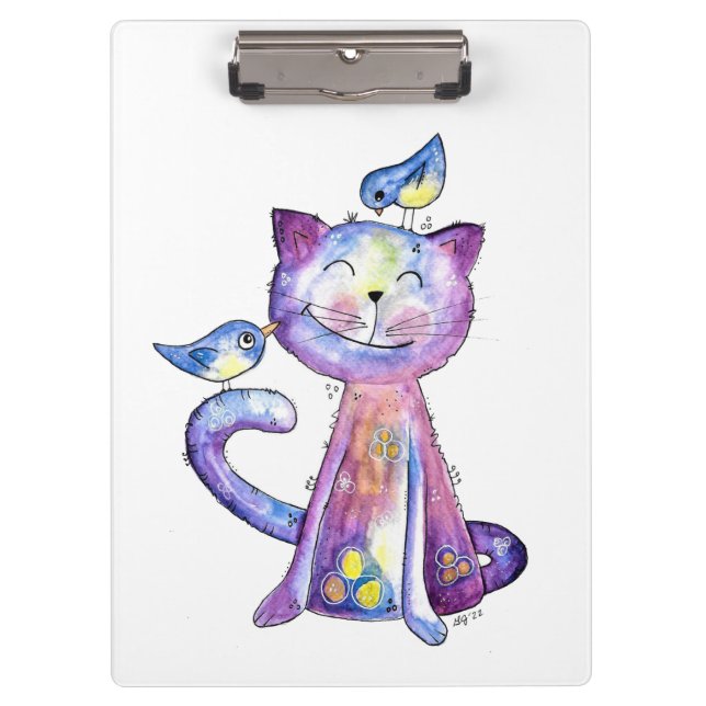Cute Whimsical Purple Cat with Birds Clipboard (Front)
