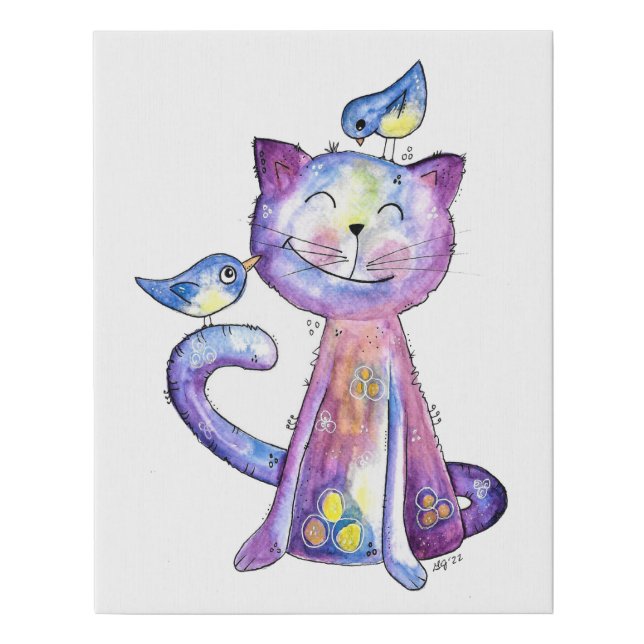 Cute Whimsical Purple Cat with Birds Faux Canvas Print (Front)