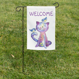Cute Whimsical Purple Cat with Birds Garden Flag