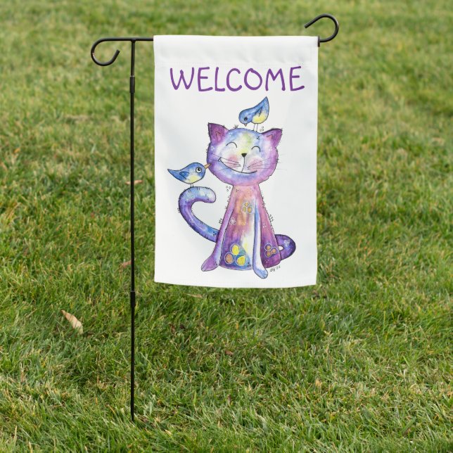 Cute Whimsical Purple Cat with Birds Garden Flag (In SItu)