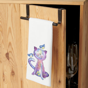 Cute Whimsical Purple Cat with Birds Kitchen Towel