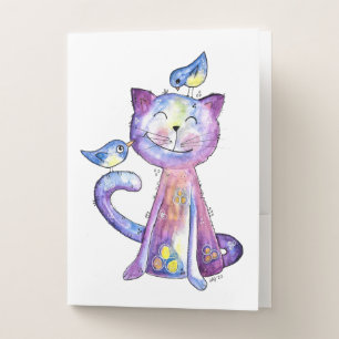 Cute Whimsical Purple Cat with Birds Pocket Folder