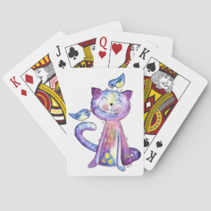 Cute Whimsical Purple Cat with Birds Poker Cards