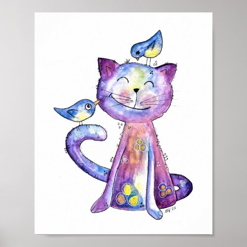 Cute Whimsical Purple Cat with Birds Poster