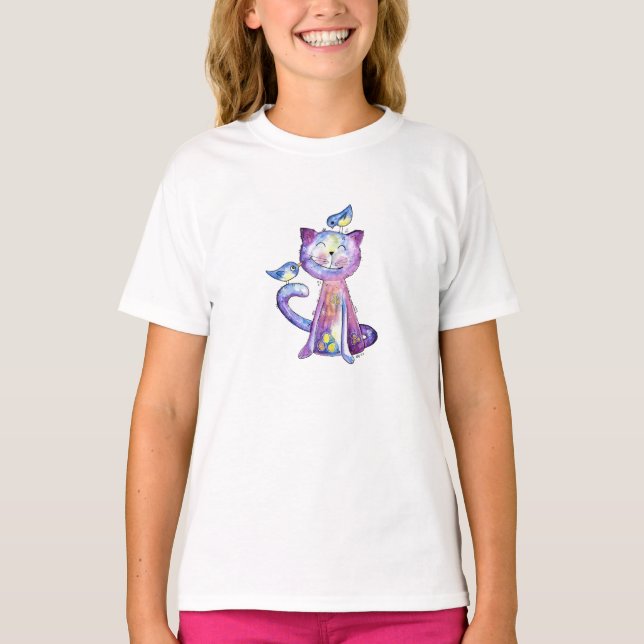 Cute Whimsical Purple Cat with Birds T-Shirt (Front)