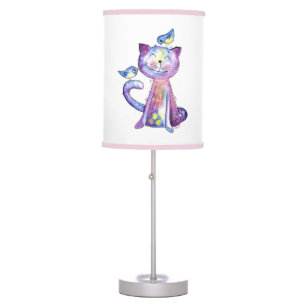 Cute Whimsical Purple Cat with Birds Table Lamp