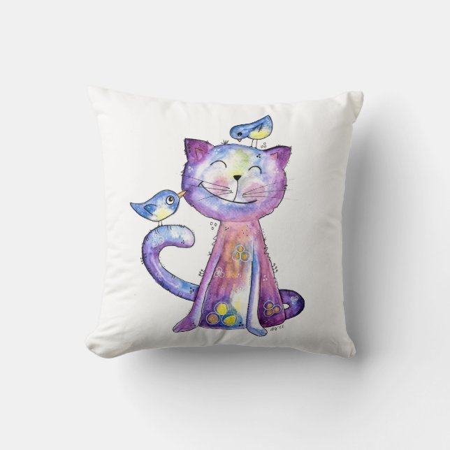 Cute Whimsical Purple Cat with Birds Throw Pillow (Front)