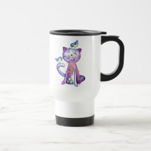 Cute Whimsical Purple Cat with Birds Travel Mug