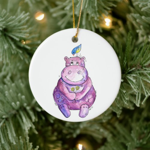 Cute Whimsical Purple Hippo Ceramic Ornament