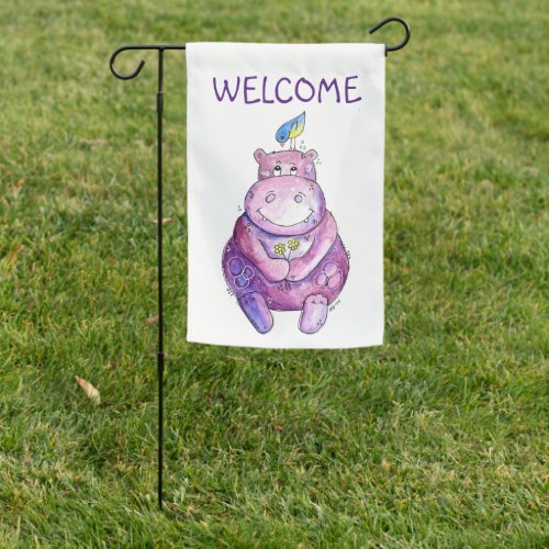 Cute Whimsical Purple Hippo Garden Flag