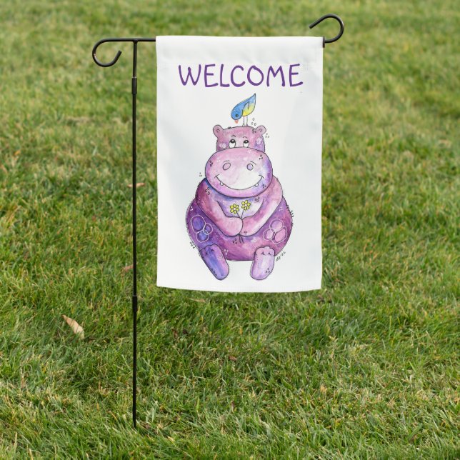 Cute Whimsical Purple Hippo Garden Flag (In SItu)