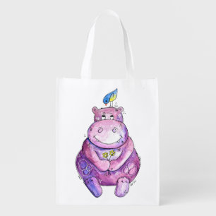 Cute Whimsical Purple Hippo Grocery Bag