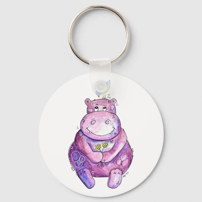 Cute Whimsical Purple Hippo Keychain (Front)