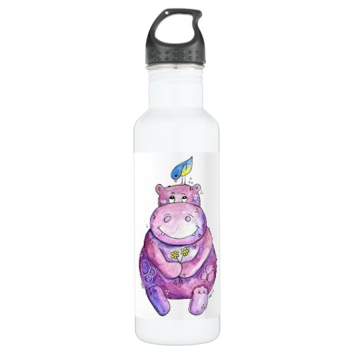 Cute Whimsical Purple Hippo Stainless Steel Water Bottle