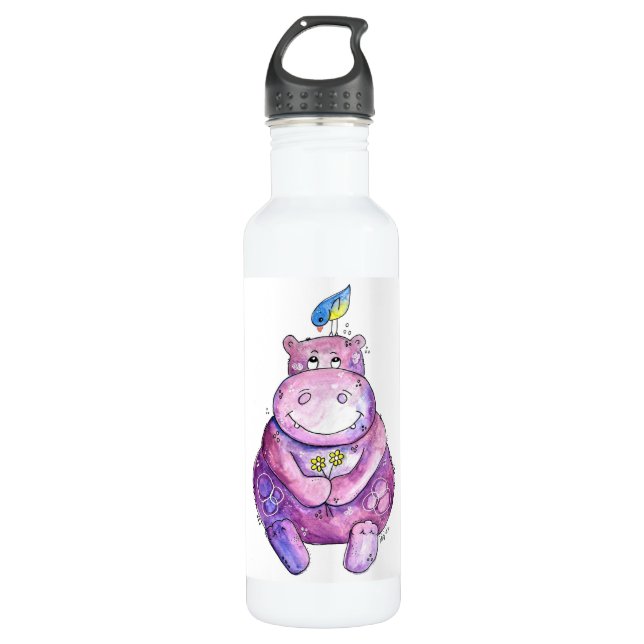 Cute Whimsical Purple Hippo Stainless Steel Water Bottle (Front)