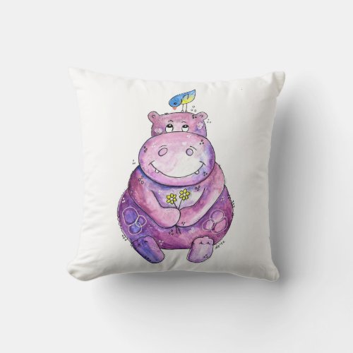 Cute Whimsical Purple Hippo Throw Pillow