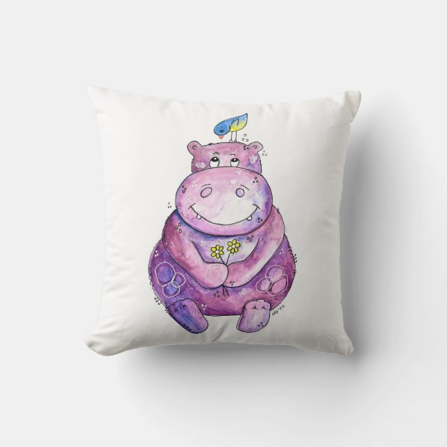 Cute Whimsical Purple Hippo Throw Pillow (Front)
