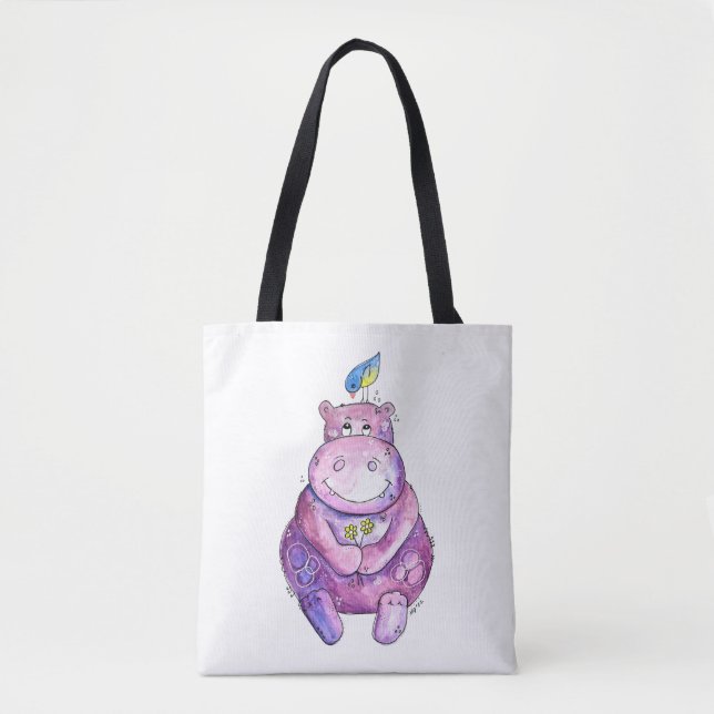 Cute Whimsical Purple Hippo Tote Bag (Front)