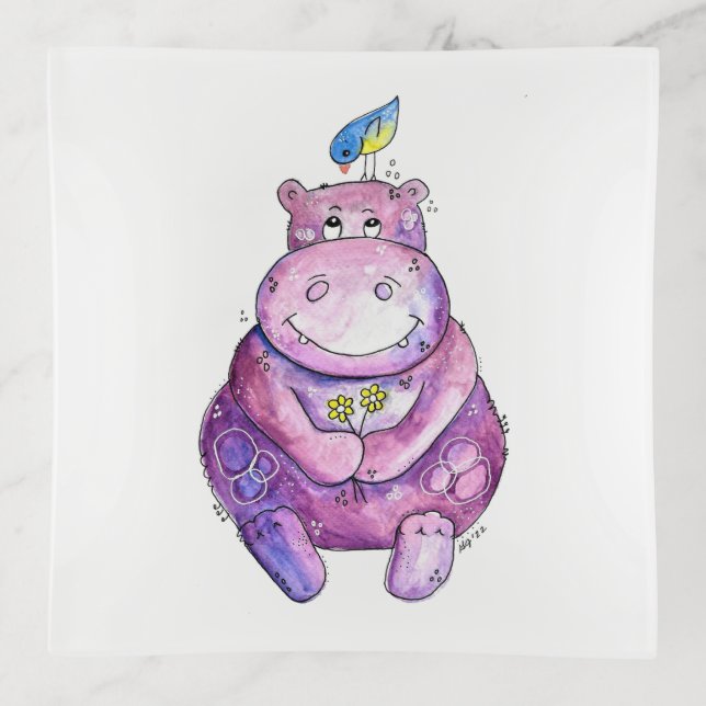 Cute Whimsical Purple Hippo Trinket Tray (Front)