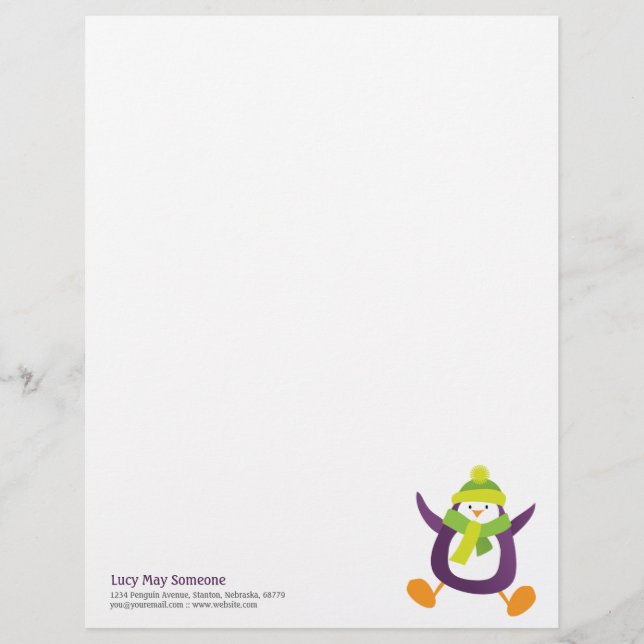 Cute Whimsical Purple Penguin Personalizable Lette Letterhead (Front)