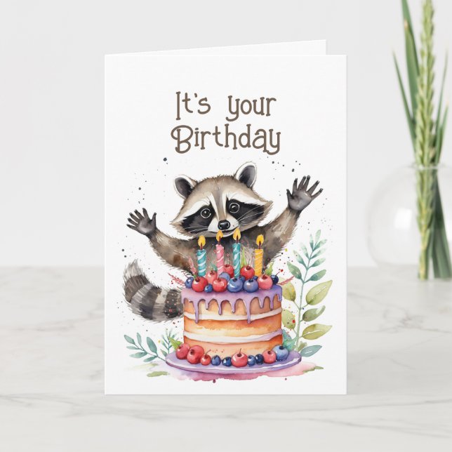Cute Whimsical Raccoon Birthday Eat the Cake Holiday Card (Front)