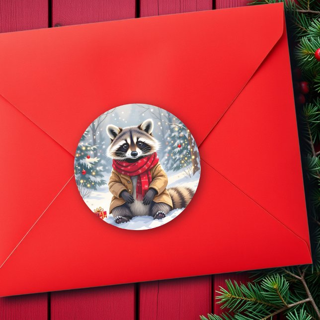 Cute Whimsical Raccoon Christmas Classic Round Sticker (Creator Uploaded)