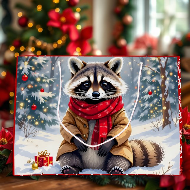 Cute Whimsical Raccoon Christmas   Large Gift Bag (Creator Uploaded)