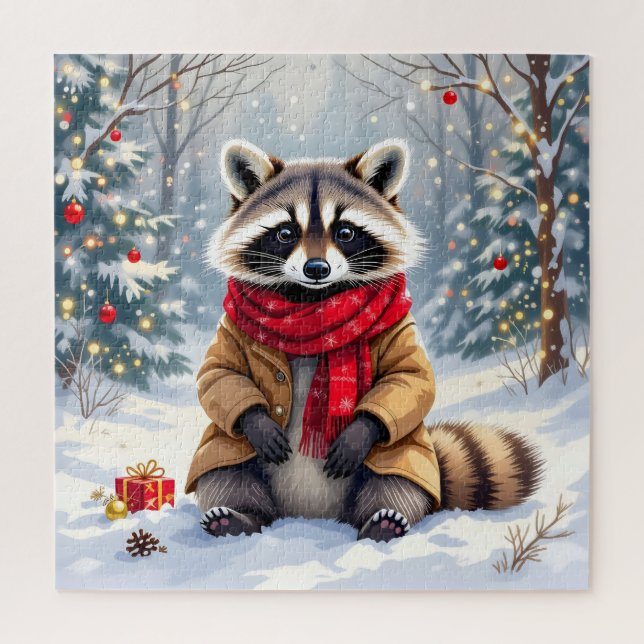 Cute Whimsical Raccoon Christmas Personalized Jigsaw Puzzle (Vertical)