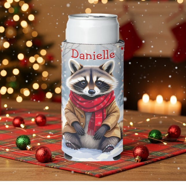 Cute Whimsical Raccoon Christmas Personalized Seltzer Can Cooler (Creator Uploaded)