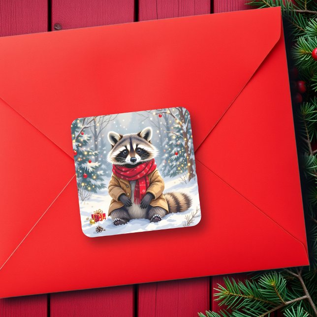 Cute Whimsical Raccoon Christmas Square Sticker (Creator Uploaded)