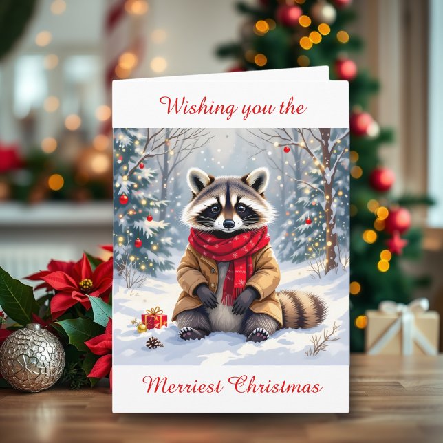 Cute Whimsical Raccoon Personalized Christmas Card (Creator Uploaded)