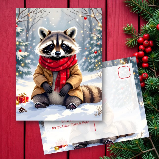 Cute Whimsical Raccoon Personalized Christmas Postcard (Creator Uploaded)