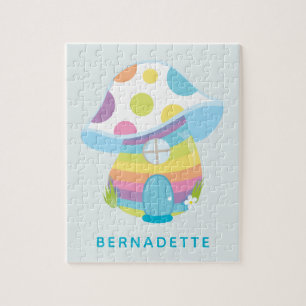Cute Whimsical Rainbow Mushroom House Blue Name Jigsaw Puzzle