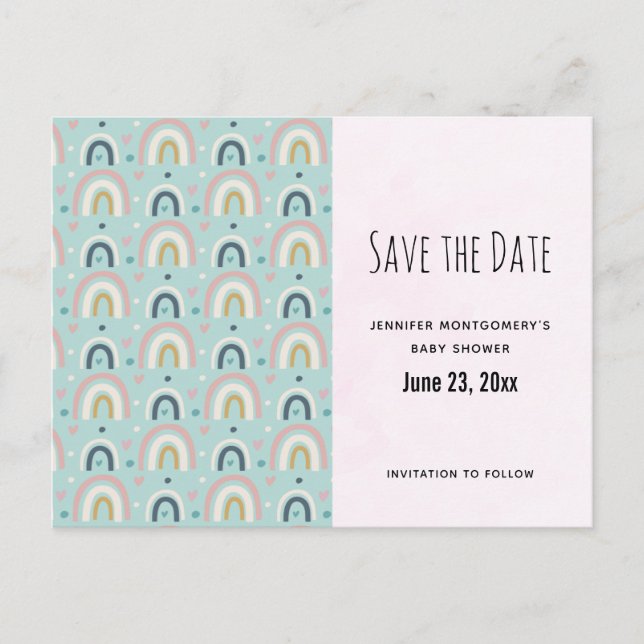 Cute Whimsical Rainbow Pattern Save the Date Invitation Postcard (Front)