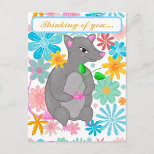Cute whimsical rat colorful flowers postcard