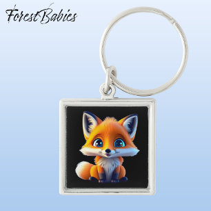 Cute Whimsical Red Fox Animal Character, Black 🦊 Keychain