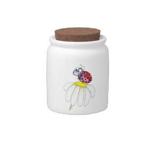Cute Whimsical Red Ladybug on a White Flower Candy Jar