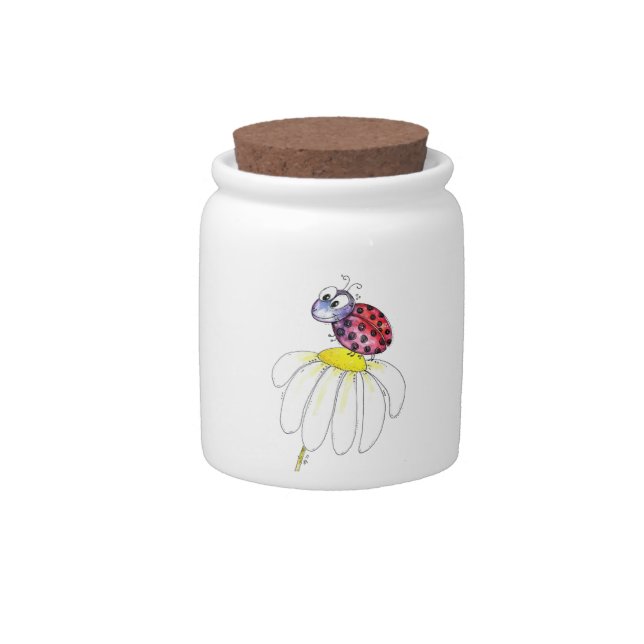 Cute Whimsical Red Ladybug on a White Flower Candy Jar (Front)