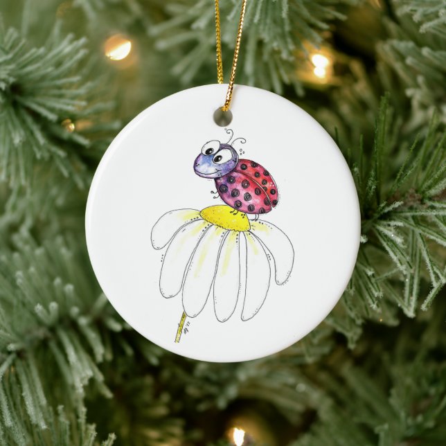 Cute Whimsical Red Ladybug on a White Flower Ceramic Ornament (Tree)