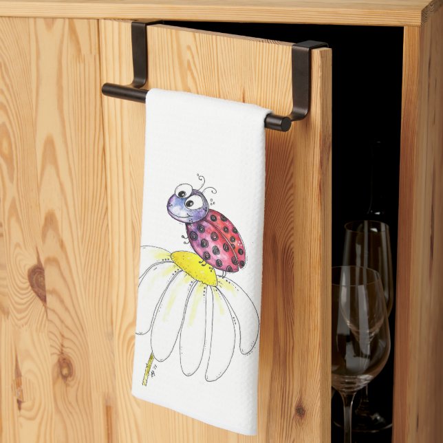 Cute Whimsical Red Ladybug on a White Flower Kitchen Towel (Thirds Fold)