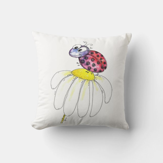 Cute Whimsical Red Ladybug on a White Flower Throw Pillow (Front)