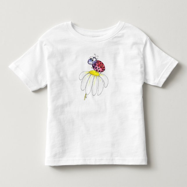 Cute Whimsical Red Ladybug on a White Flower Toddler T-shirt (Front)