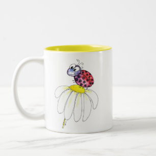 Cute Whimsical Red Ladybug on a White Flower Two-Tone Coffee Mug