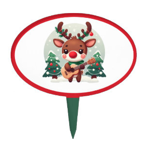Cute Whimsical Reindeer with guitar Cake Topper