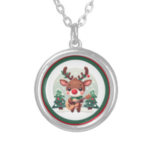 Cute Whimsical Reindeer with guitar Silver Plated Necklace