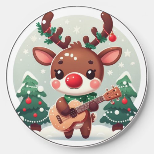 Cute Whimsical Reindeer with guitar Wireless Charger