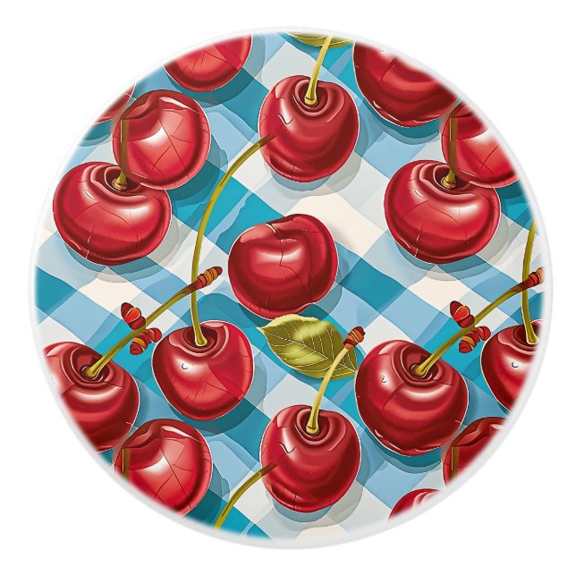 Cute Whimsical Retro Mid-Century Cherries & Plaid Ceramic Knob (Front)