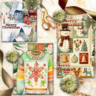 Cute Whimsical Retro Watercolor Christmas Wrapping Paper Sheets