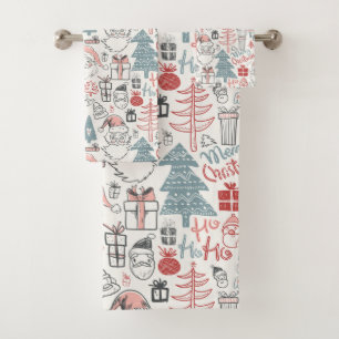 Cute Whimsical Santa Christmas Tree Pattern Pink Bath Towel Set
